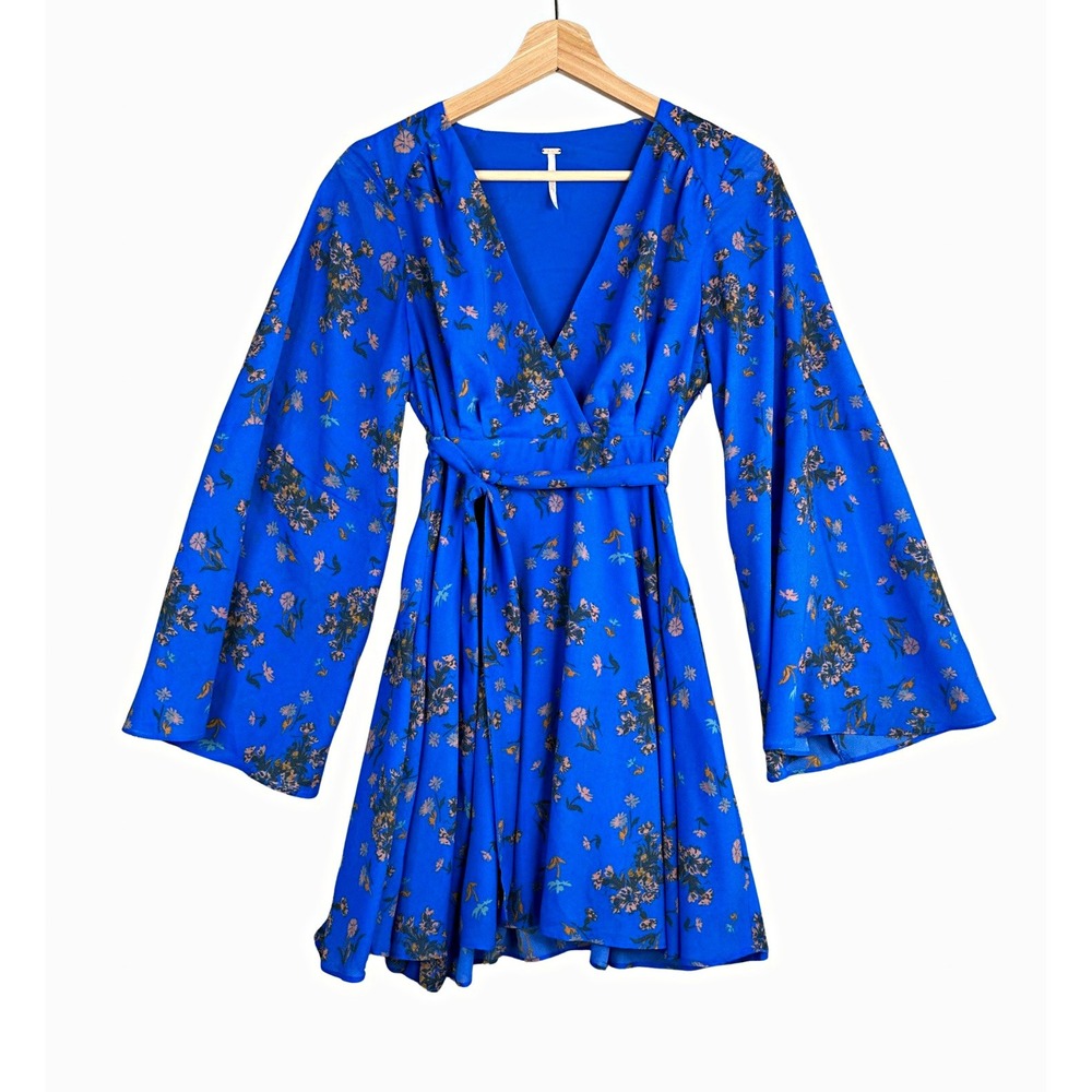 Free People Women's Blue Floral Chiffon Wrap V Neck Bell Sleeve Mini Dress XS